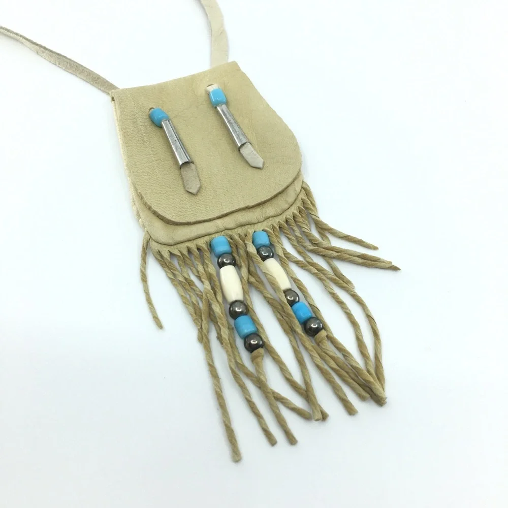 Leather Medicine Bag Necklace Pouch Beaded Fringe Boho Gypsy Handmade Tan Tribal